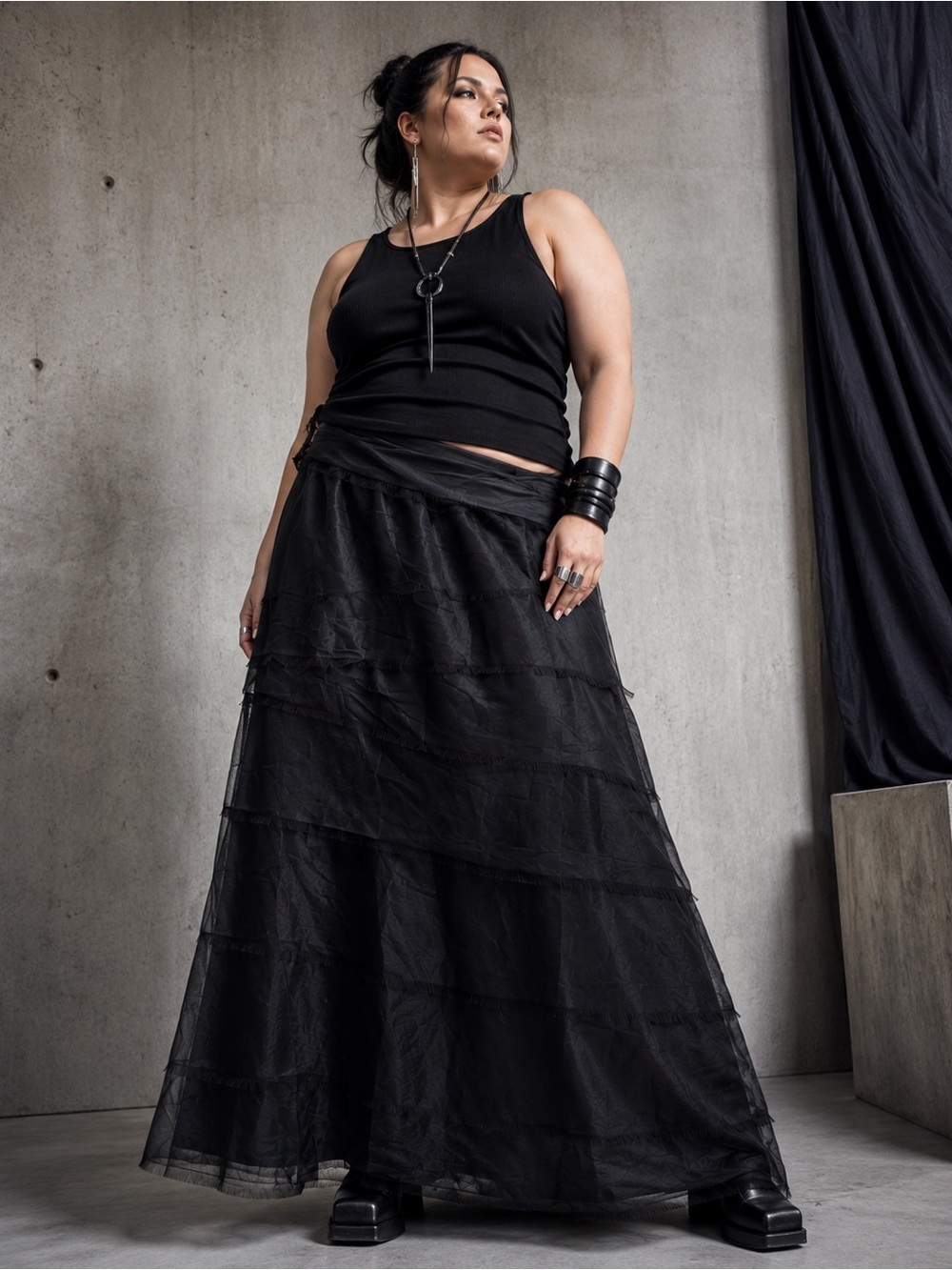Tadashi Black 100% Silk Tiered Maxi Skirt Raw Edge Evening Formal US 14